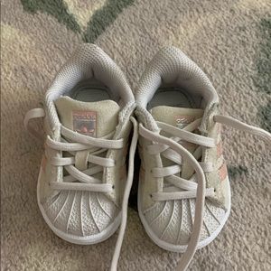 Baby girl cream and pink adidas superstar size 4